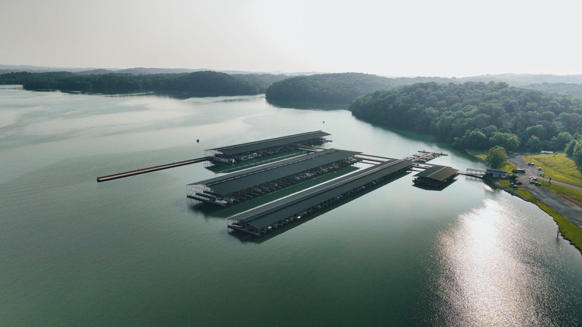 Birdseye view of a marina on a lake